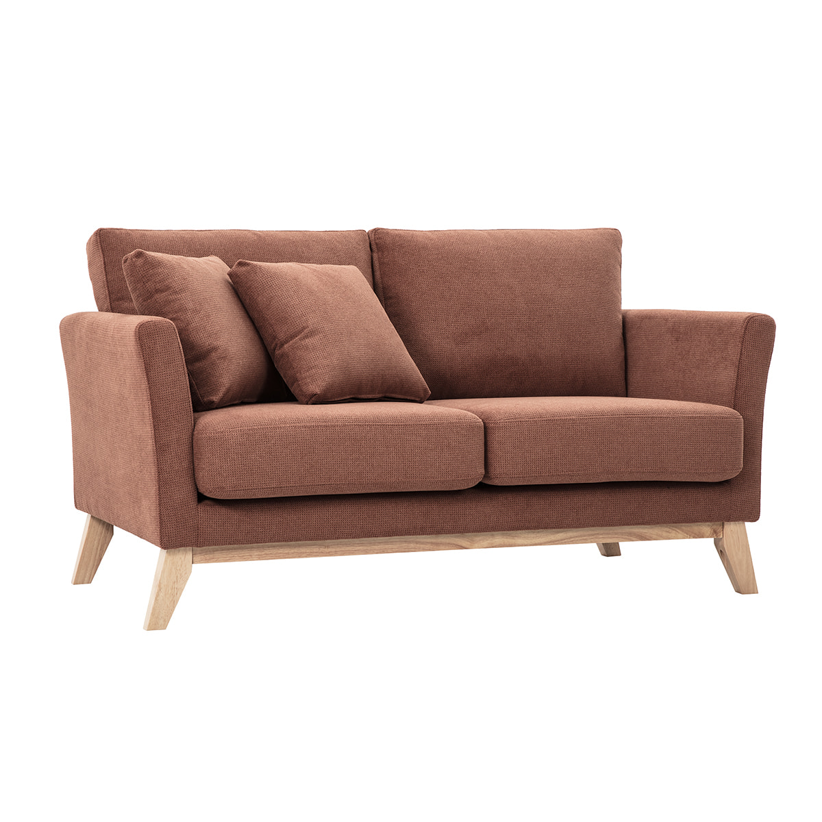 Canapé scandinave déhoussable 2 places en tissu chenille terre brûlée et bois clair OSLO
