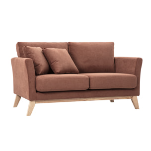 Canapé scandinave déhoussable 2 places en tissu chenille terre brûlée et bois clair OSLO