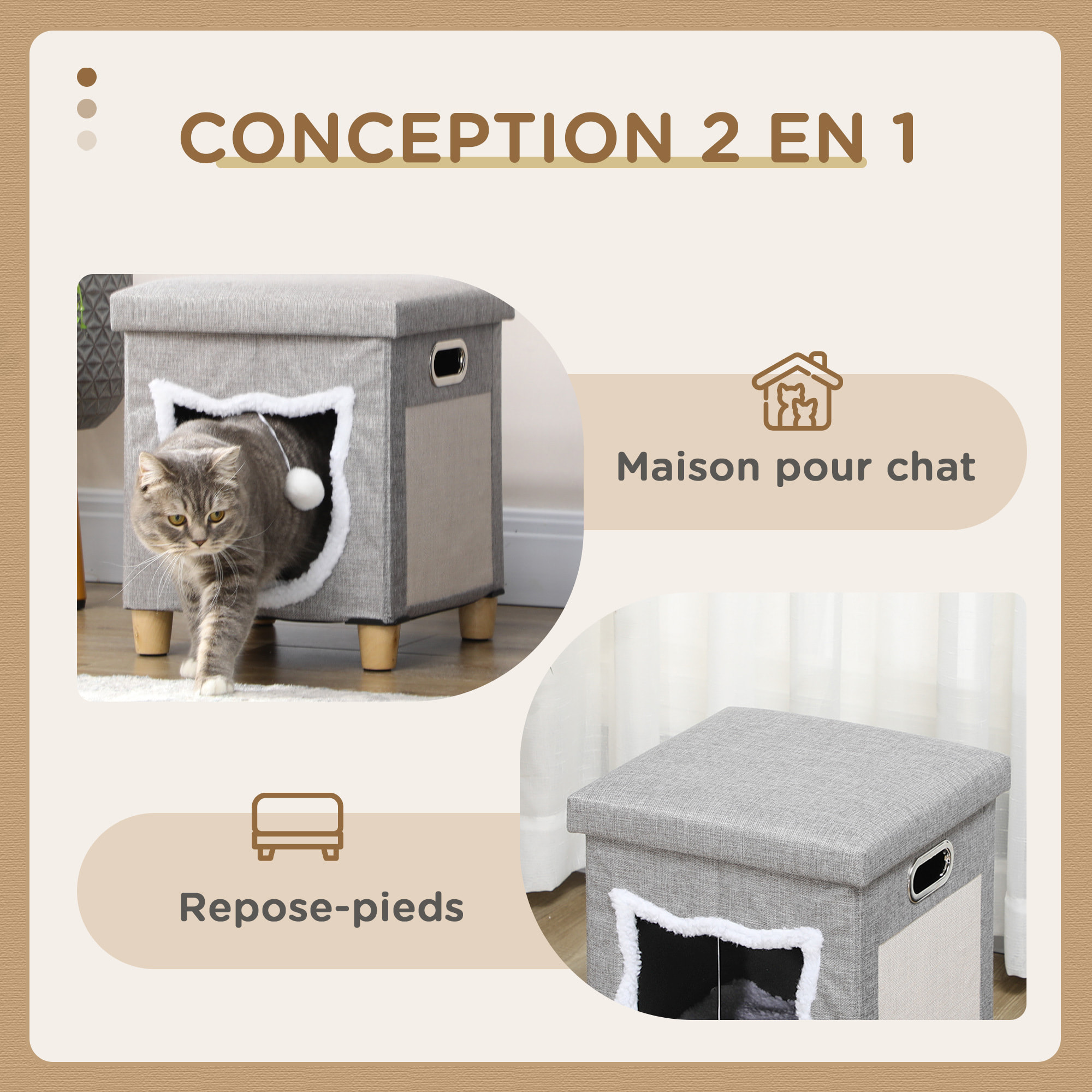 Niche chat grattoir pouf 3 en 1 design porte tête de chat - coussin bouclette amovible inclus - tissu gris