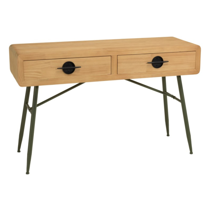 HELENA - Console 2 tiroirs en pin couleur naturelle et pieds métal vert