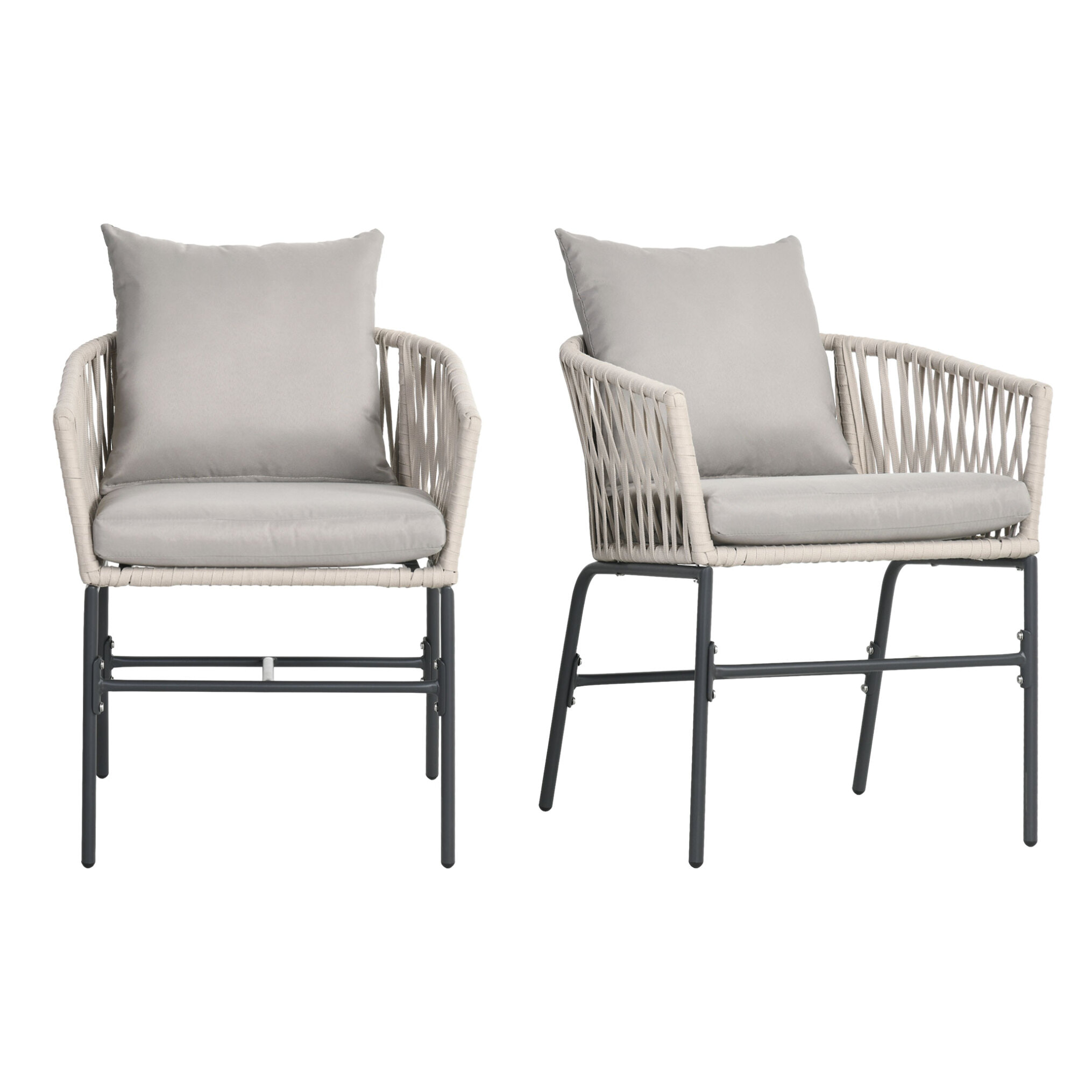 Lot de 2 fauteuils de jardin avec coussins métal cordes PE noir gris