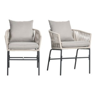 Lot de 2 fauteuils de jardin avec coussins métal cordes PE noir gris