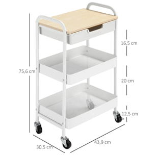 HOMCOM Carrito de Cocina con Ruedas Carro de Almacenamiento con Cajón Extraíble 2 Cestas y Frenos para Baño Salón Dormitorio 43,9x30,5x75,6 cm Blanco