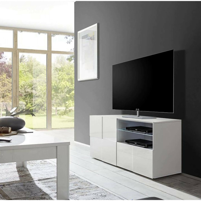 Mobile porta TV Ward, Credenza da soggiorno, Armadio basso per TV, Base parete attrezzata, Made in Italy, 122x43 h57 cm, Bianco lucido