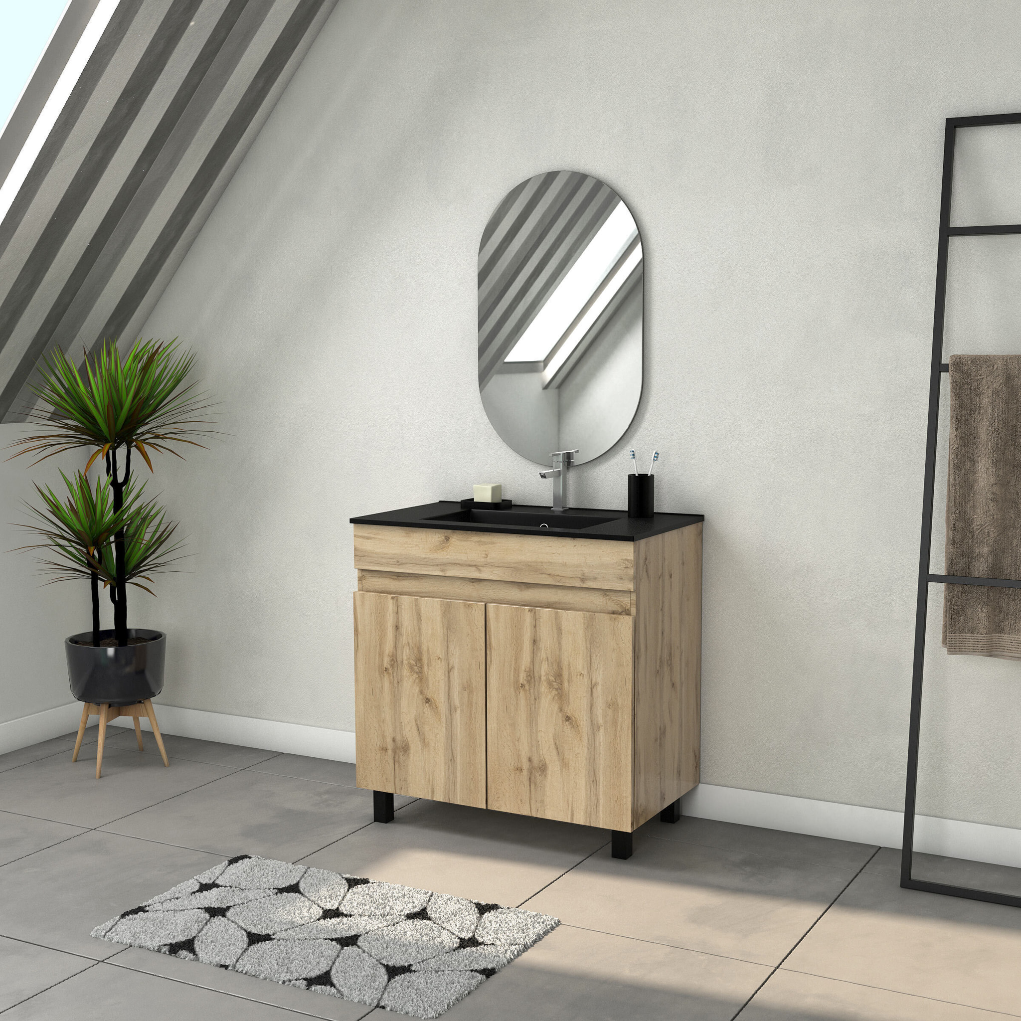 Meuble Salle de Bains 80cm 2 Portes Chêne Naturel + Vasque Noire et Miroir Ovale