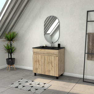 Meuble Salle de Bains 80cm 2 Portes Chêne Naturel + Vasque Noire et Miroir Ovale
