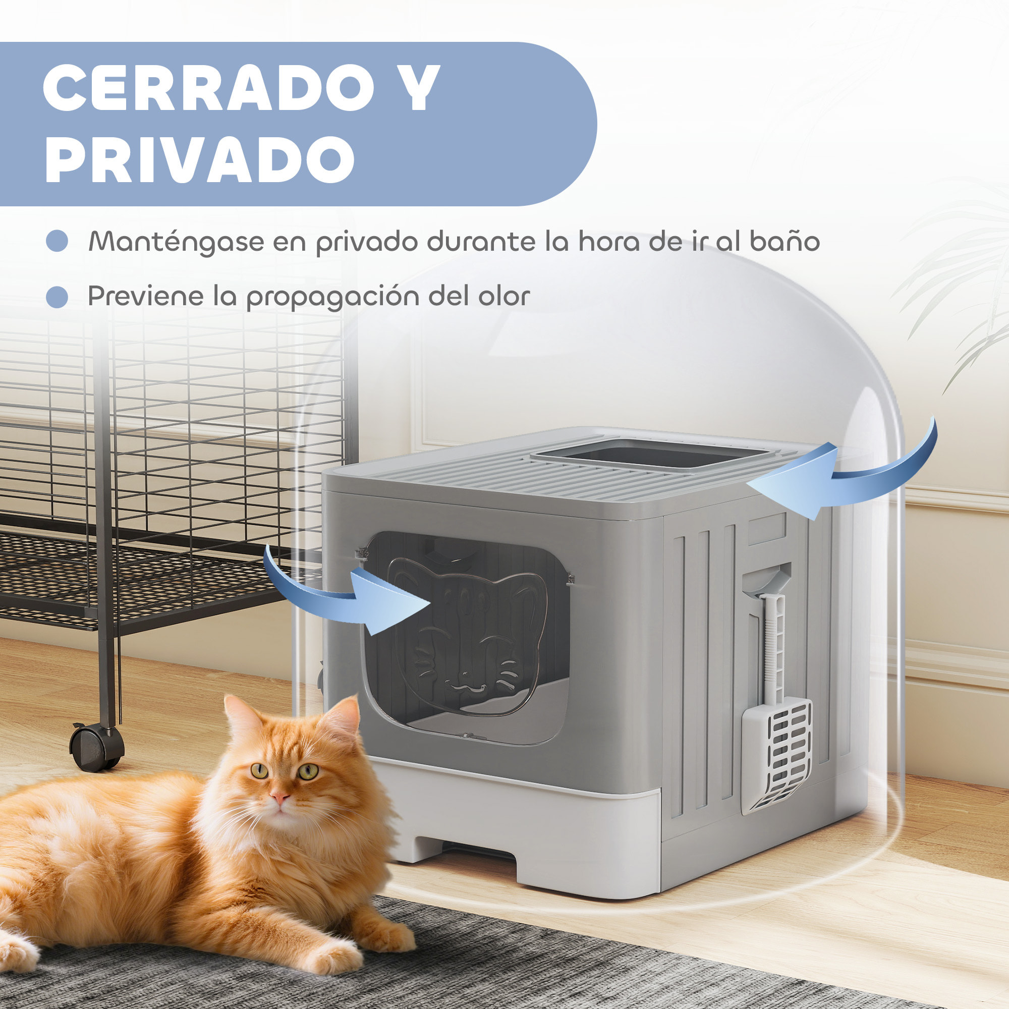 Arenero para Gatos Plegable, M, Caja de Arena para Gatos con Tapa Enrejada, Bandeja Extraíble, Pala, Gancho Lateral, Fácil de Limpiar, Antifugas, Control de Olores, Gris