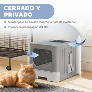 Arenero para Gatos Plegable, M, Caja de Arena para Gatos con Tapa Enrejada, Bandeja Extraíble, Pala, Gancho Lateral, Fácil de Limpiar, Antifugas, Control de Olores, Gris