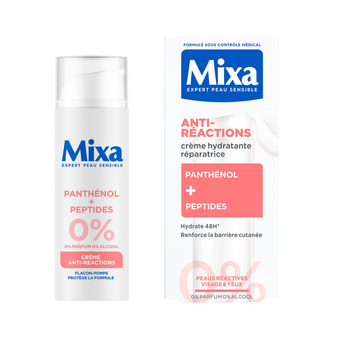 Mixa crème hydratante et réparatrice anti-reactions formulée à partir de Panthénol et Peptides pour hydrater et réparer la barri