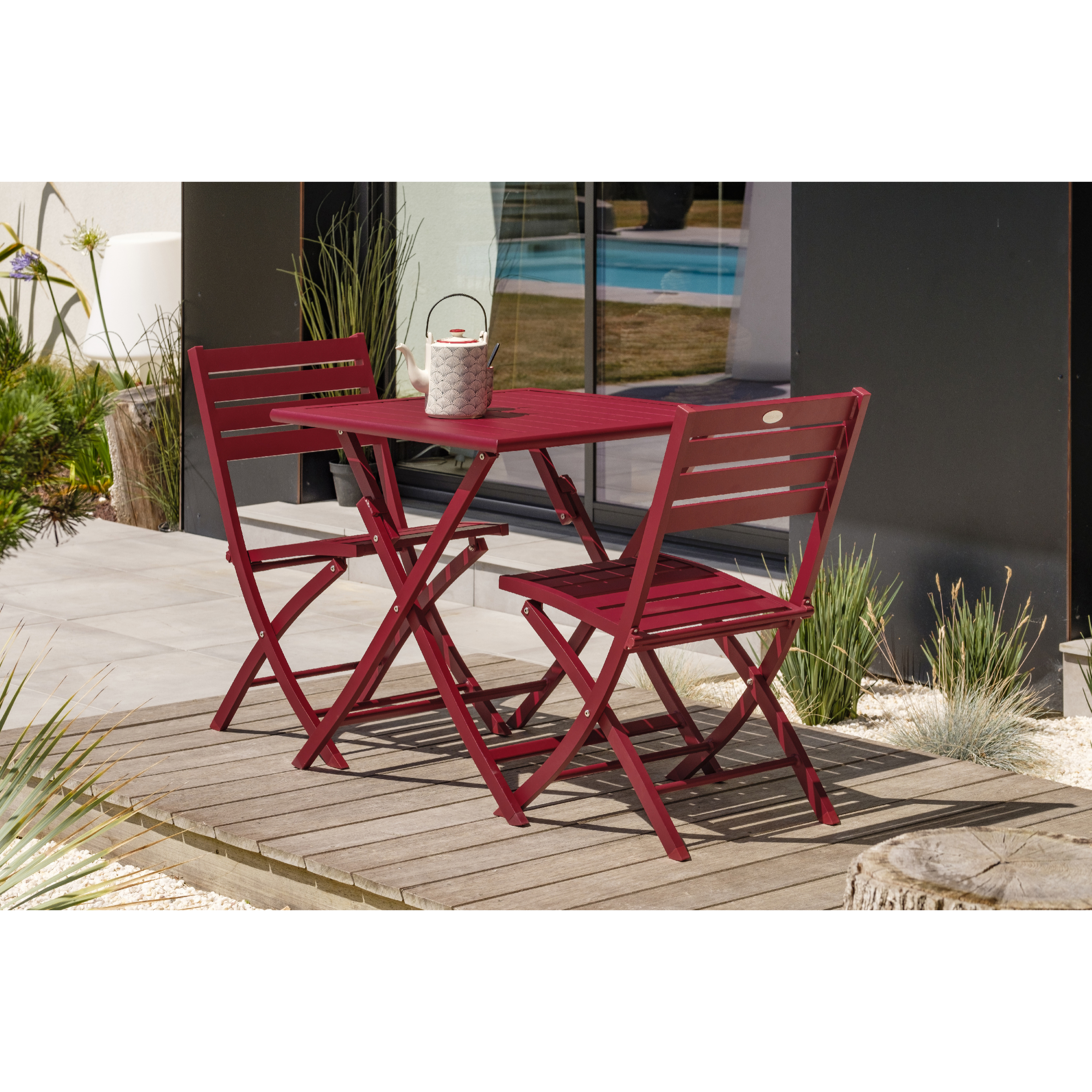 MARIUS - Ensemble repas de jardin 2 places en aluminium rouge carmin