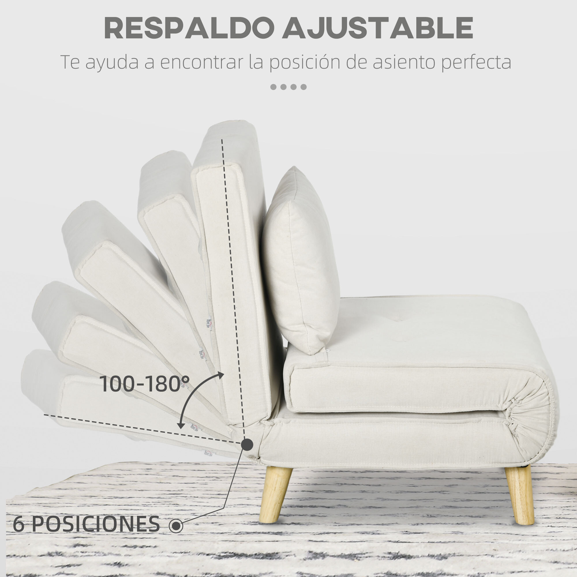 Sofá Cama de 1 Plaza 2 en 1, Sillón Cama Plegable Tapizado en Lino Sintético, con Respaldo Ajustable en 6 Niveles, Almohada, Patas de Madera, para Oficina, Dormitorio, Salón, 72x78x79 cm, Crema