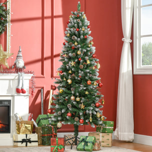árbol de Navidad Artificial de Nieve 180 cm con 508 Ramas Realistas 49 Piñas Base Plegable y Soporte de Acero para Decoración de Interiores Ø73x180 cm Verde Blanco