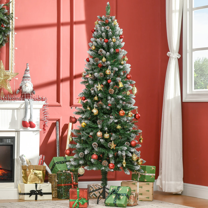 árbol de Navidad Artificial de Nieve 180 cm con 508 Ramas Realistas 49 Piñas Base Plegable y Soporte de Acero para Decoración de Interiores Ø73x180 cm Verde Blanco