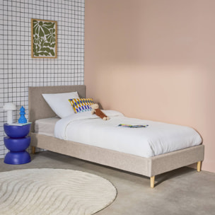 Lit avec sommier à lattes et tête de lit. finition tissu. beige. L 202 x P 96 x H 88cm