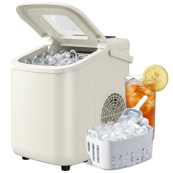 Máquina de Hielo, Máquina de Cubitos de Hielo Autolimpiable, 12 kg/24H, 9 Cubitos Listos en 7 Minutos, 2 Tamaños de Hielo, 1,2L Depósito, para Hogar, Cocina, Oficina, Bar, Beige