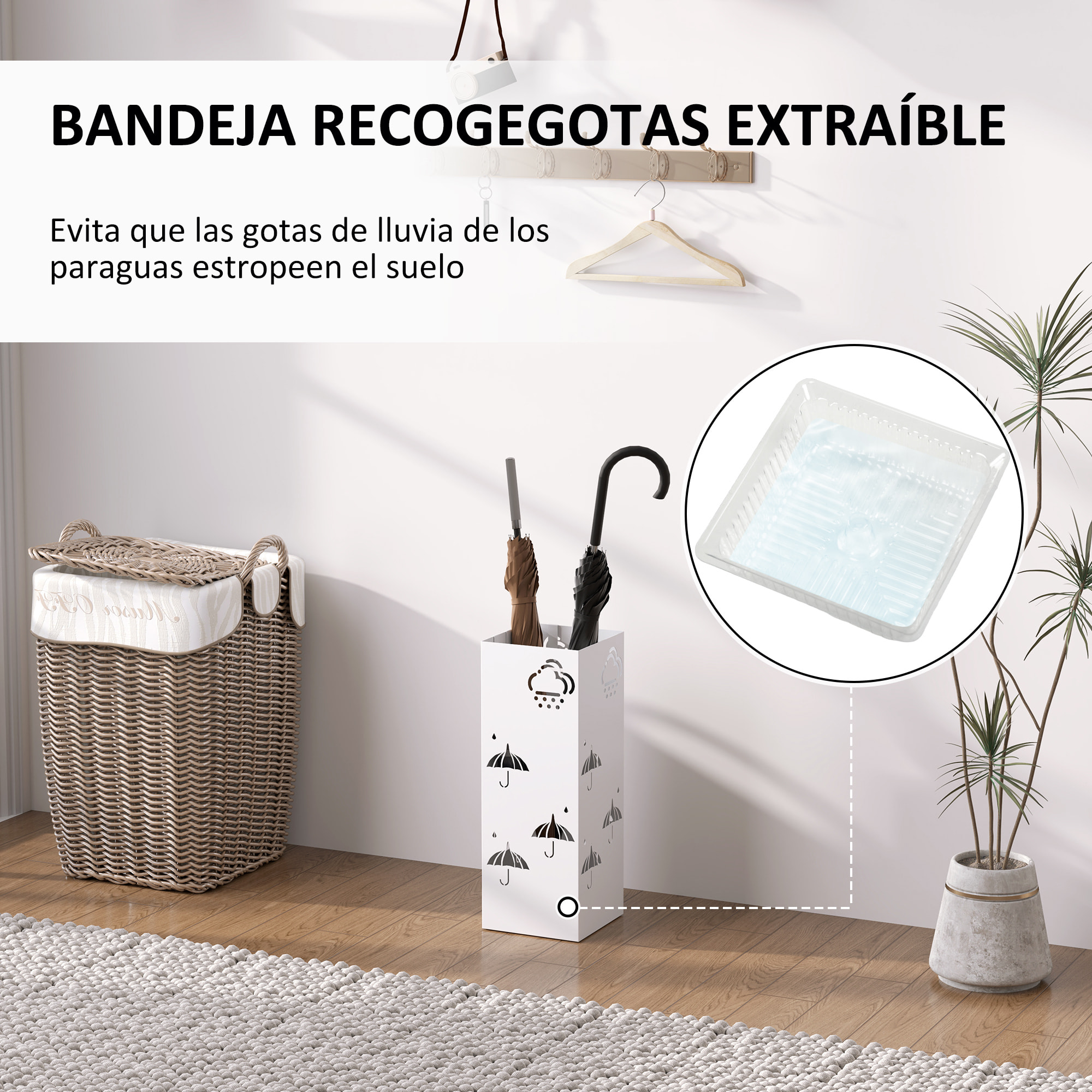 Paragüero de Acero Soporte de Paraguas con 4 Ganchos y Bandeja de Goteo Extraíble Paragüero Blanco para Entrada Oficina 15,5x15,5x41 cm