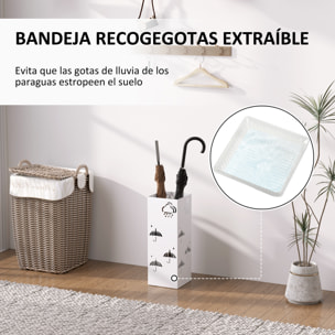 Paragüero de Acero Soporte de Paraguas con 4 Ganchos y Bandeja de Goteo Extraíble Paragüero Blanco para Entrada Oficina 15,5x15,5x41 cm