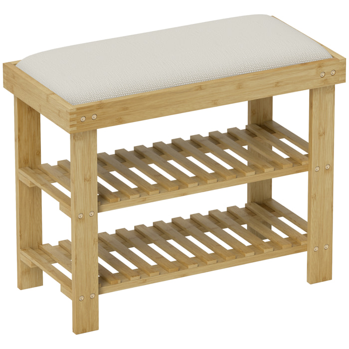 Banc à chaussures style scandinave 3 niveaux bambou bois naturel blanc cassé