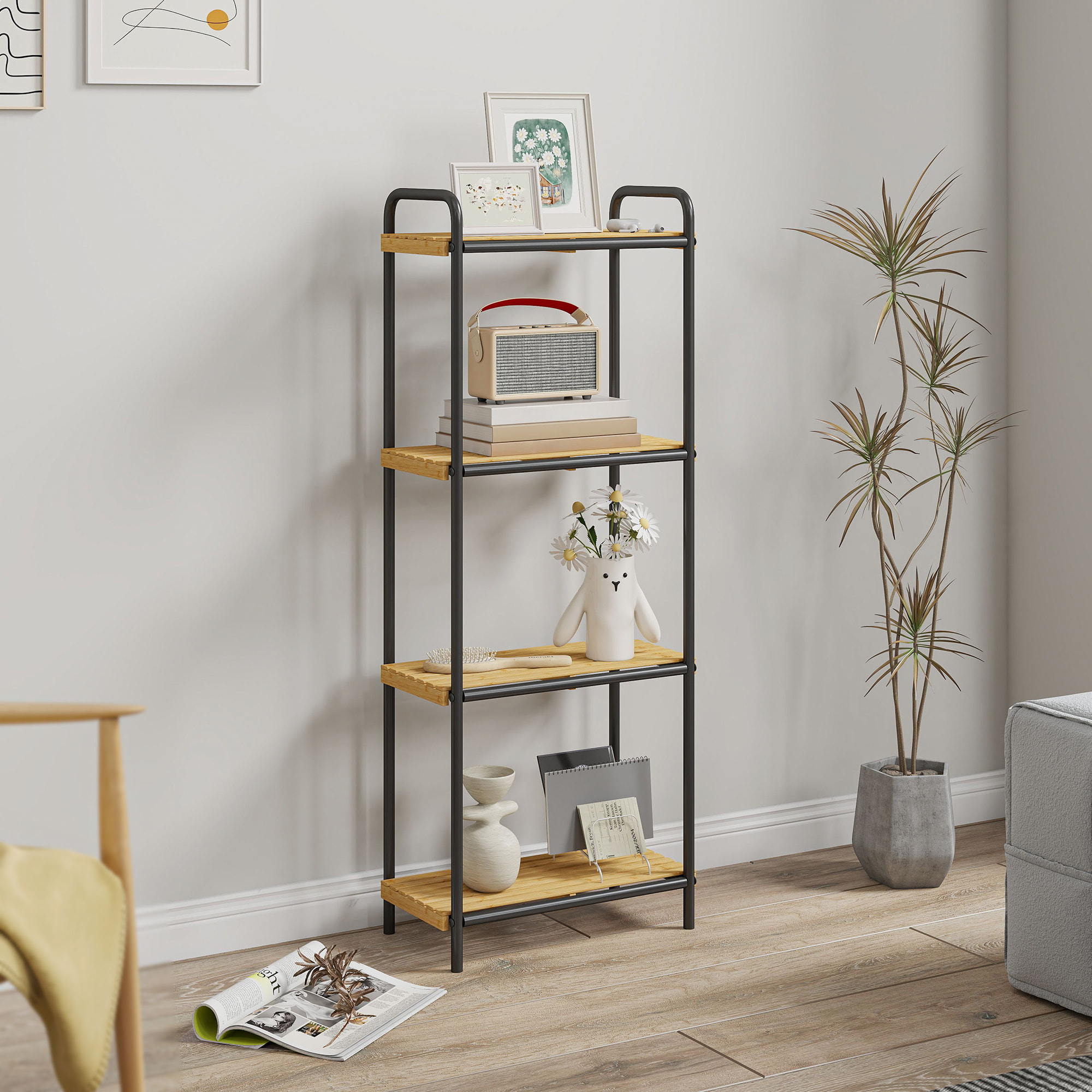 Étagère salle de bain bambou, 4 niveaux, étagère de rangement étroite autoportante cadre en acier pour salon, salle à manger, balcon, cuisine, 41,5 x 21,5 x 106 cm, noir et effet bois naturel
