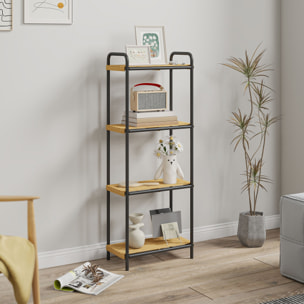Étagère salle de bain bambou, 4 niveaux, étagère de rangement étroite autoportante cadre en acier pour salon, salle à manger, balcon, cuisine, 41,5 x 21,5 x 106 cm, noir et effet bois naturel