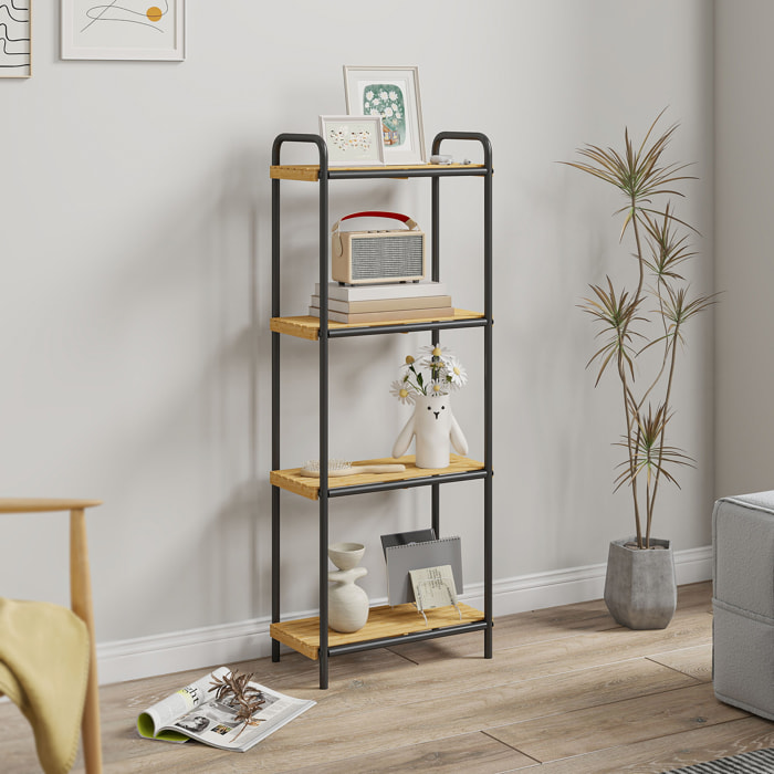 Étagère salle de bain bambou, 4 niveaux, étagère de rangement étroite autoportante cadre en acier pour salon, salle à manger, balcon, cuisine, 41,5 x 21,5 x 106 cm, noir et effet bois naturel