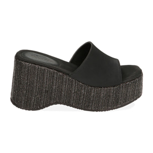 Zapatillas de raso negro, tacón de cuña 9 cm