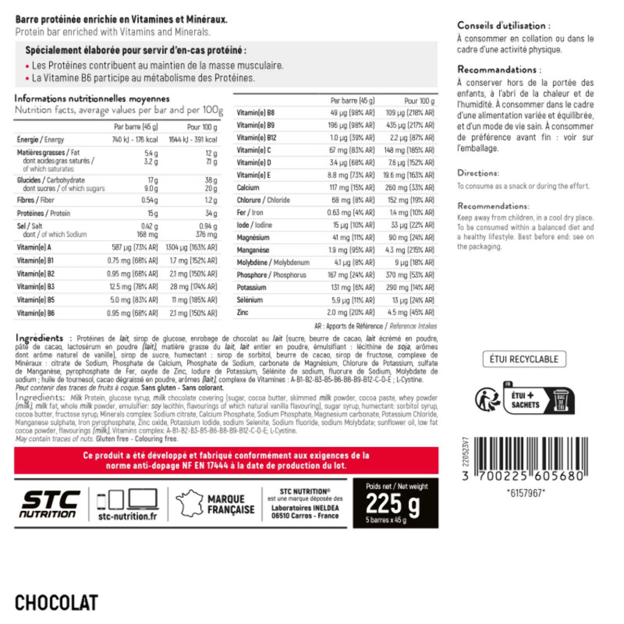 STC Nutrition - Protein Bar Chocolat - 15 g de Protéines par Barre + Vitamines & Minéraux - En-Cas Protéiné - Lot de 2 Étuis de 5 Barres x 45 g