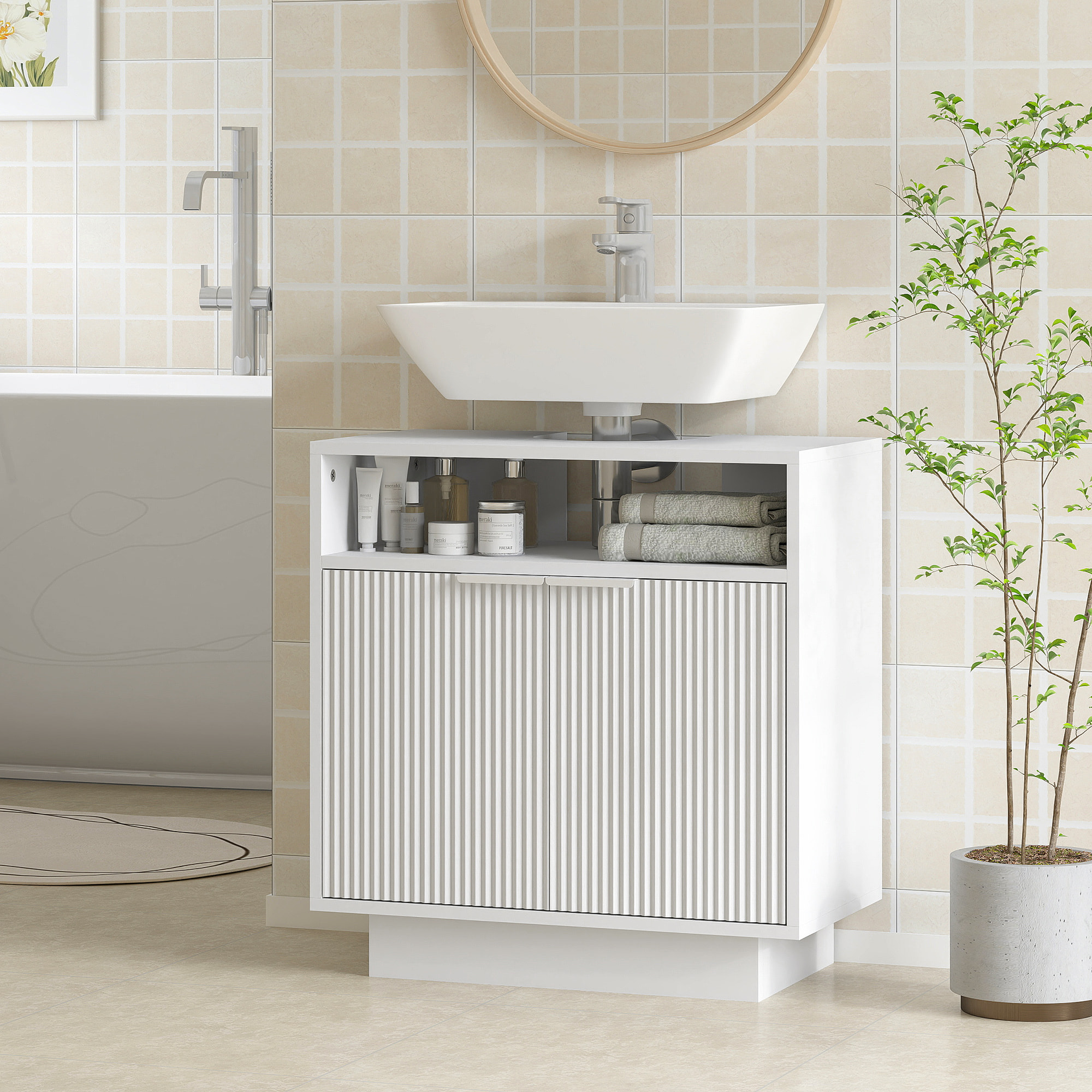 Mueble bajo Lavabo Mueble de Baño con 2 Puertas Acanaladas y Compartimento Abierto Armario de Baño para Lavabo con o sin Pedestal Estilo Moderno 60x33x63 cm Blanco