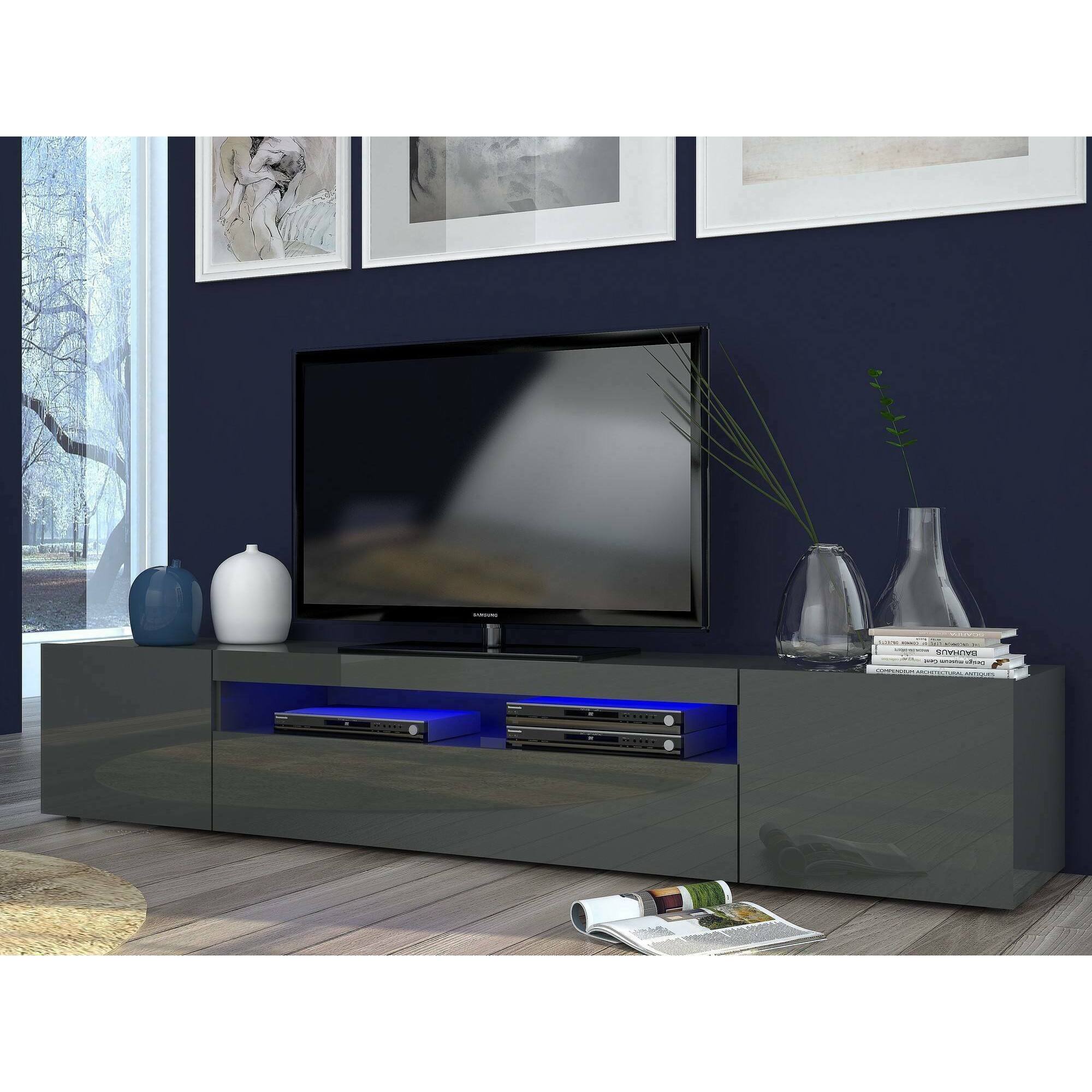 Mobile porta TV Amore, Credenza bassa da soggiorno a 3 ante, Base porta televisione, 100% Made in Italy, cm 200x40h37, Antracite lucido, con luce LED