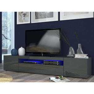 Mobile porta TV Amore, Credenza bassa da soggiorno a 3 ante, Base porta televisione, 100% Made in Italy, cm 200x40h37, Antracite lucido, con luce LED