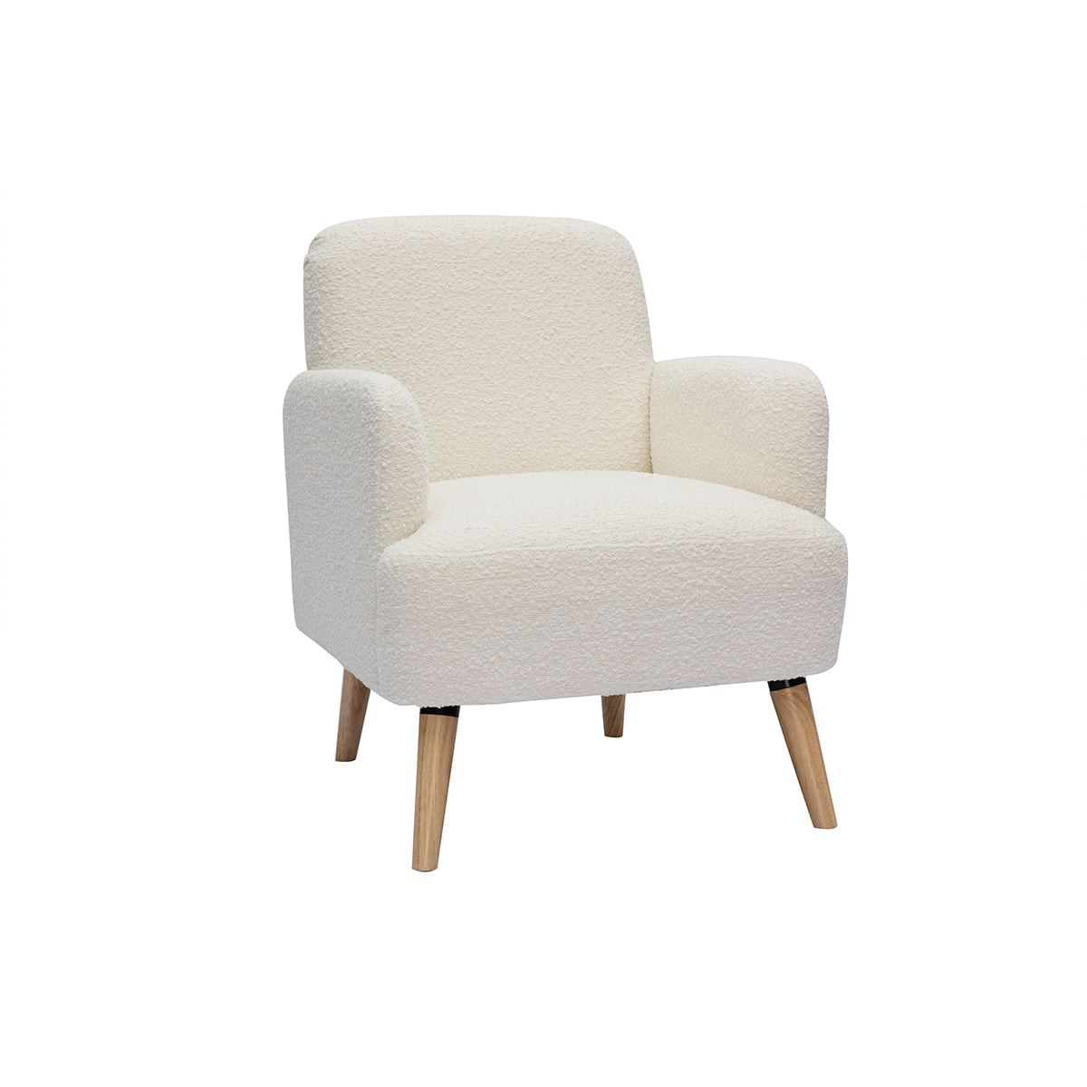 Fauteuil scandinave en tissu effet laine bouclée blanc cassé et bois clair ISKO