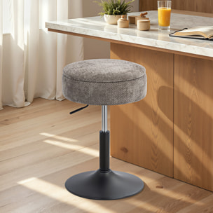 Taburete de Bar con Almacenaje, Altura Ajustable, Taburete de Cocina Redondo, Giratorio, Tapizado en Chenilla, Base de Acero, Diseño Botones, Acolchado, para Salón, Comedor, Oficina, Gris