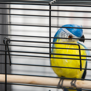 Cage à oiseaux 2 mangeoires 2 perchoirs toit ouvrant plateau excrément amovible poignée transport métal PS noir