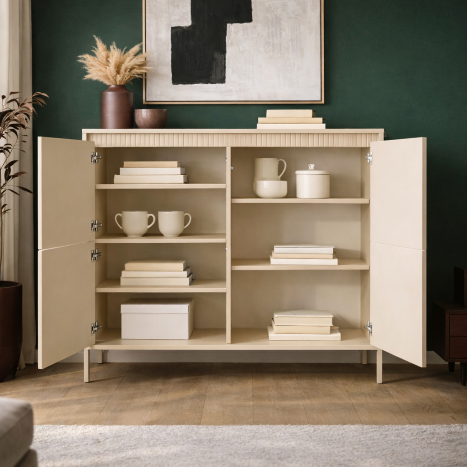 Credenza Alta 3 Ante Push To Open Con 5 Ripiani 7 Vani Mobile Soggiorno Salotto Zona Living Design Moderno Minimal 103.5 x 123.4 x 39.5 Cm Cashmere