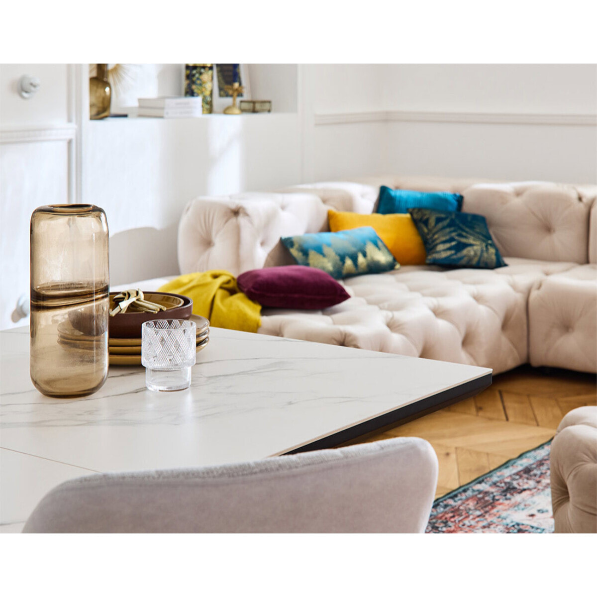 Gallata - canapé Chesterfield d'angle gauche - 5 places - en velours - Beige