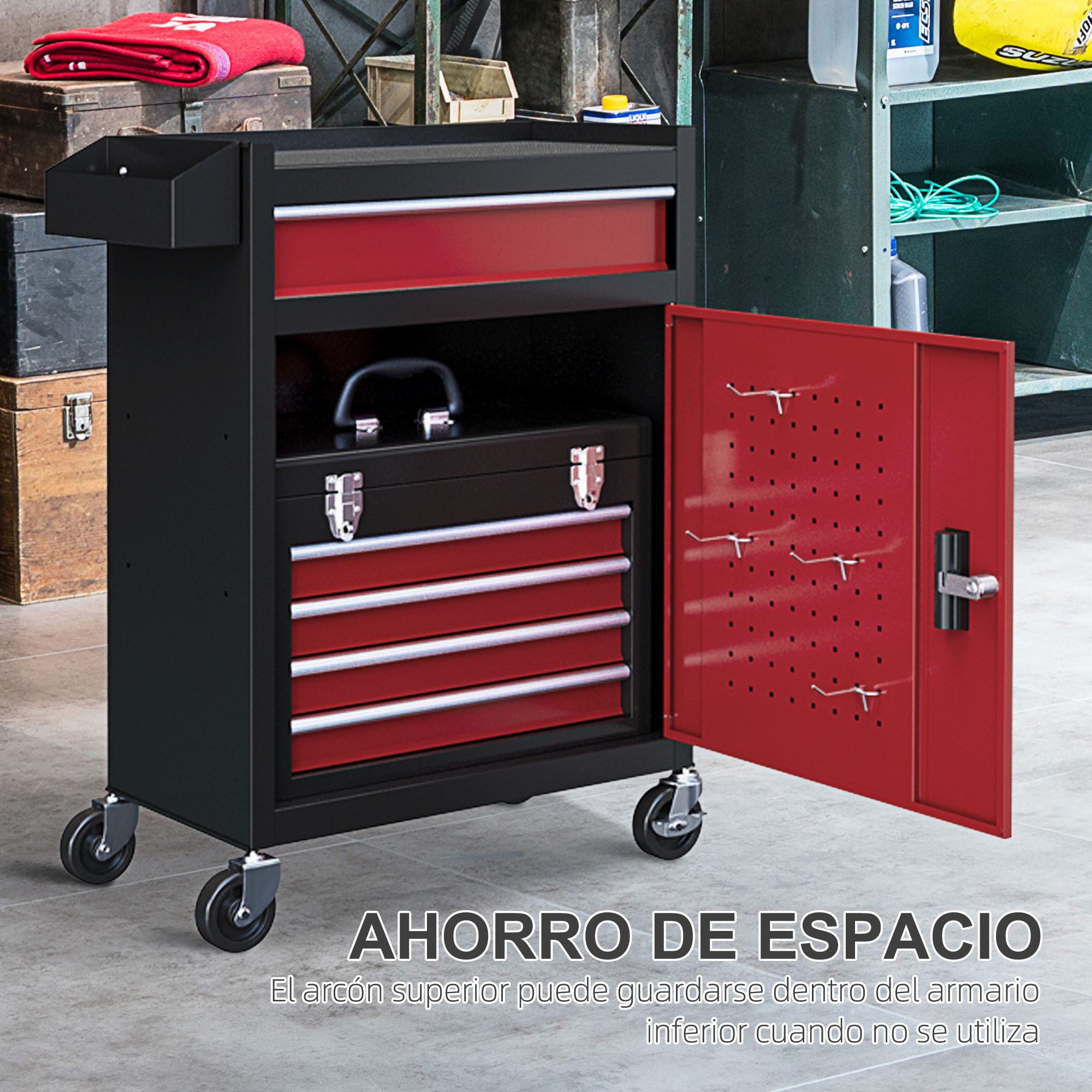 Carro de Herramientas Caja de Herramientas de Acero Carro de Taller con Ruedas Puerta Extraíble 5 Cajones y Cerraduras de Acero Macizos para Taller Garaje Negro y Rojo