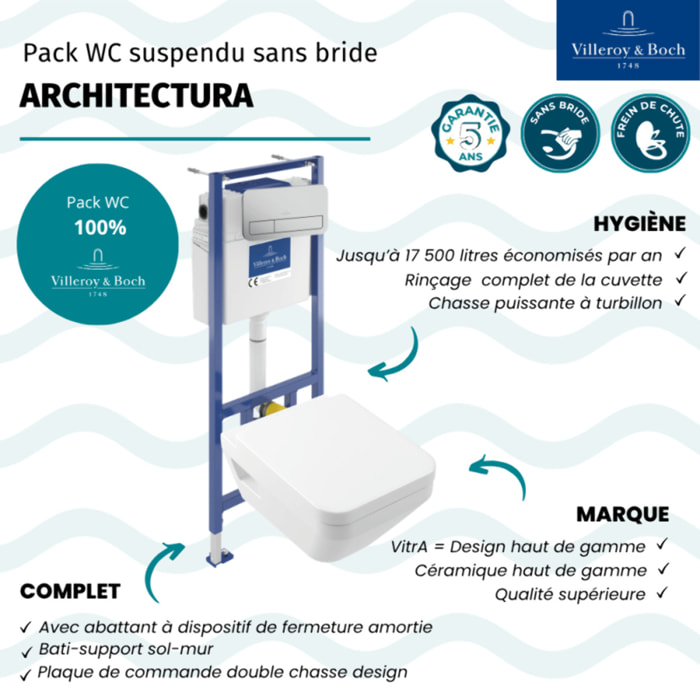 Pack WC suspendu sans bride Villeroy & Boch Architectura Twistflush [e³] rectangle + bâti-support sol et mur + plaque chrome mat
