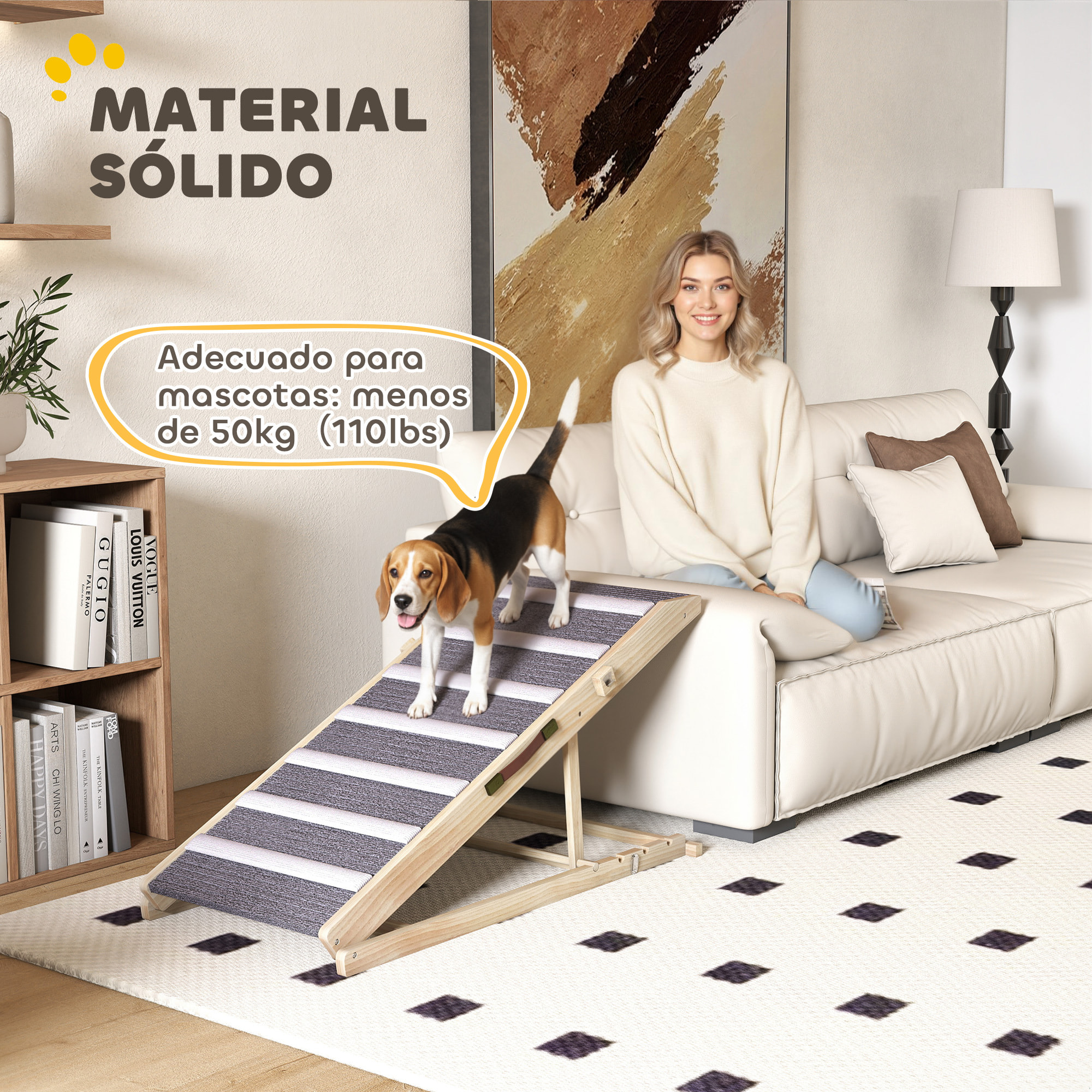 Rampa para Perros Plegable y Altura Ajustable 35-50 cm, Rampa para Mascotas de Madera con Alfombrilla Antideslizante y Asa, para Perros Pequeños Medianos y Grandes, para Cama Sofá, 100x50x50 cm