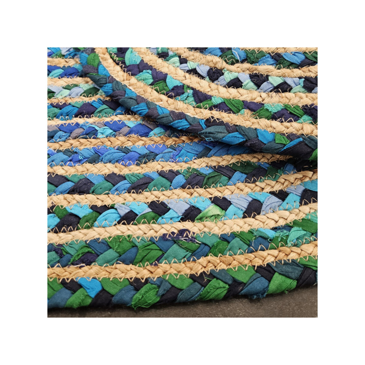 Tapis en jute tressée ovale bleu vert artisanat indien 90cm - SINNAR