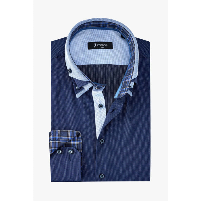 Camicia Uomo 2 Bottoni Button Down Triplo Collo Slim Popeline Fantasia Blu\Bianco