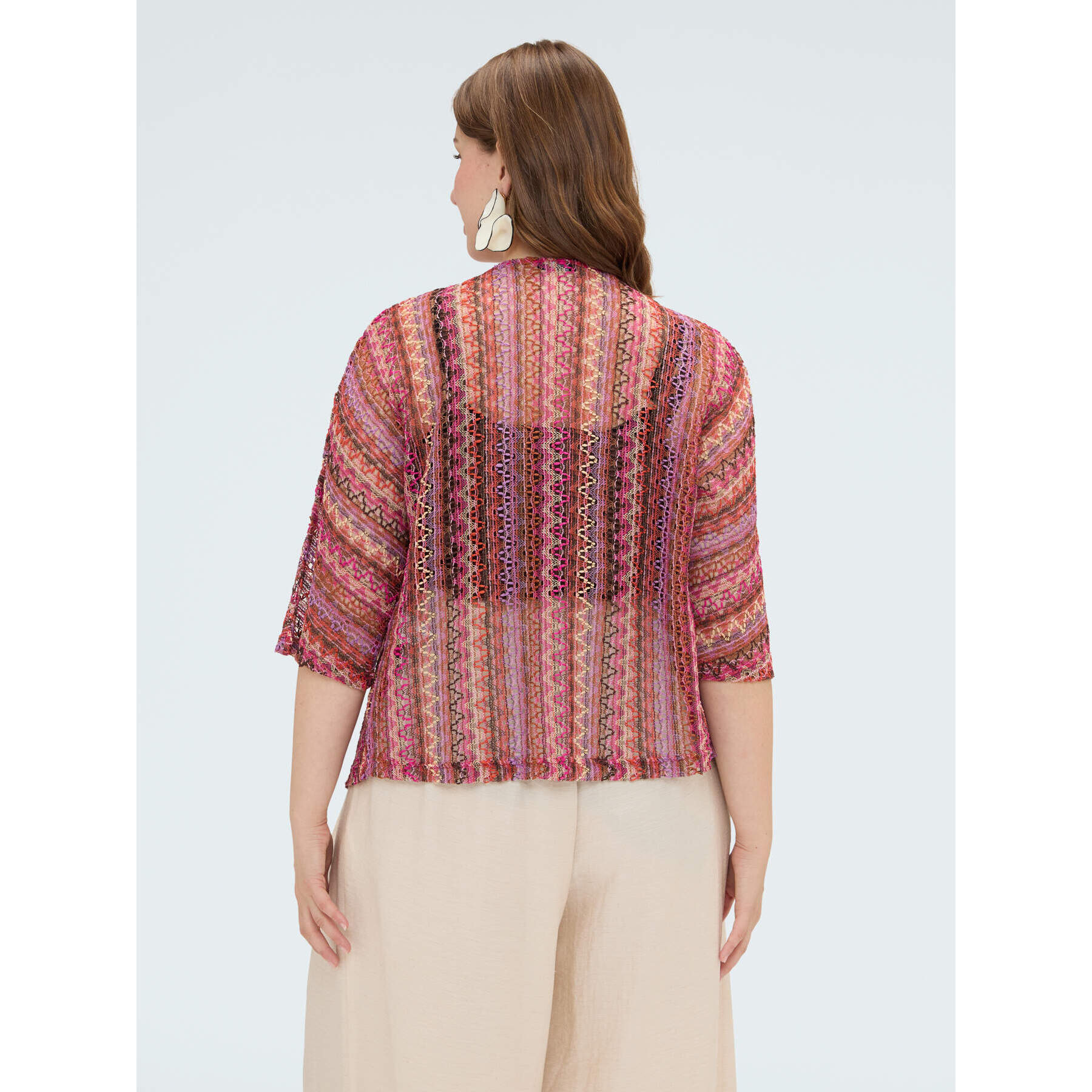 Fiorella Rubino - Kimono corto a rayas efecto crochet - Fuchsia