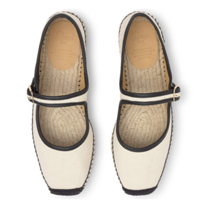 Alpargata plana Padua mary-jane en algodón orgánico con ribete de cuero y hebilla