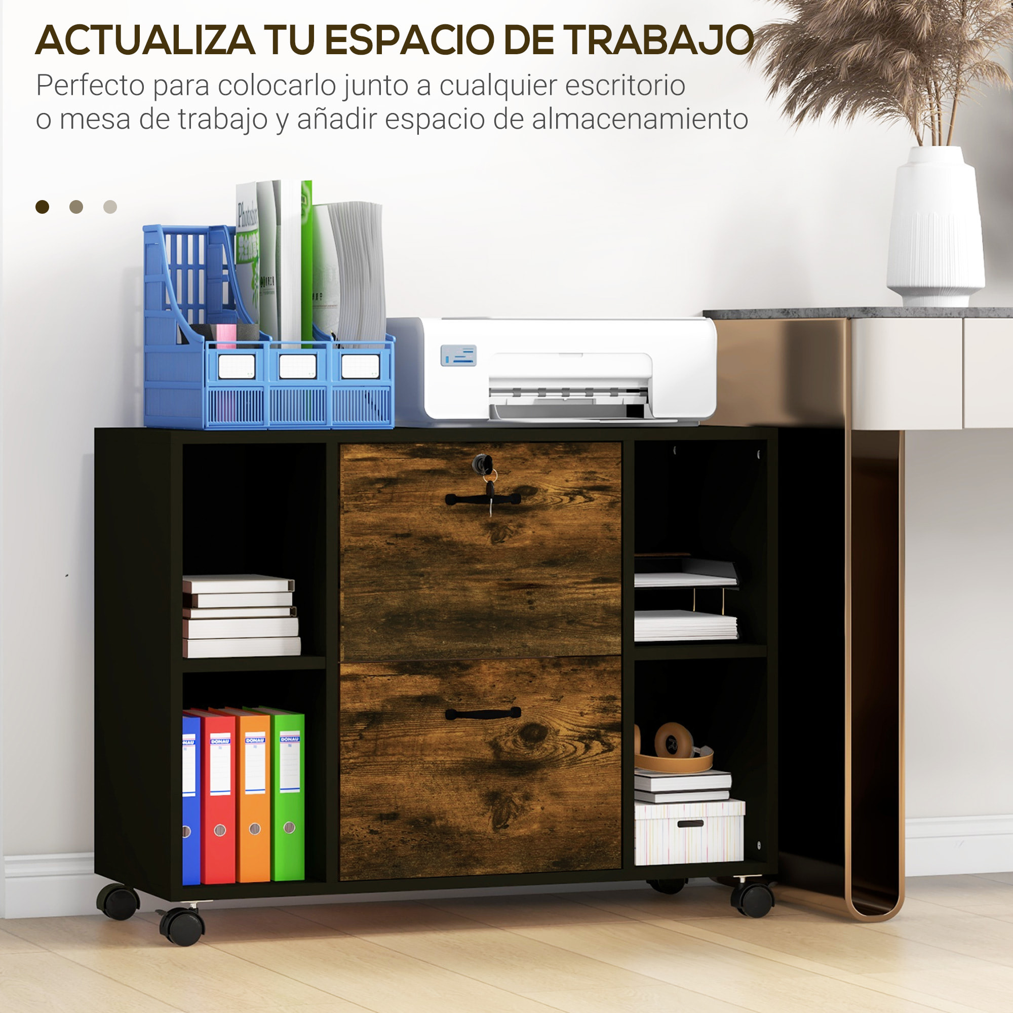 Vinsetto Mueble Impresora con Ruedas y 2 Cajones Armario para Impresora con Cerradura y Estantes Abiertos para Documentos Tamaño Carta y A4 90x37,5x68,5 cm Marrón Rústico y Negro