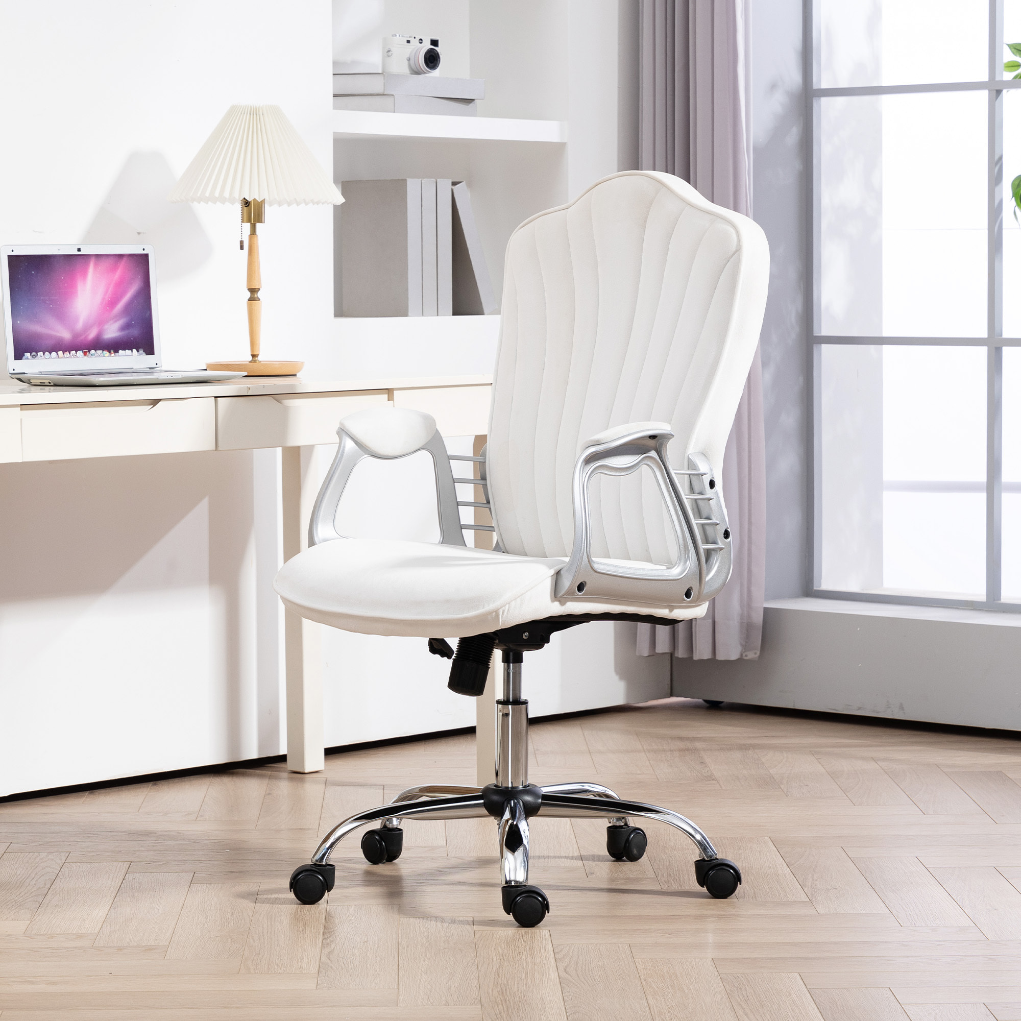 Silla de Oficina Silla de Escritorio Giratoria con Altura Ajustable Reposabrazos Respaldo Curvado Función de Basculante Blanco