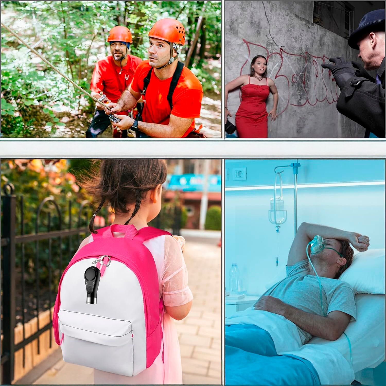 Alarma SOS personal con luz LED brillante, señal roja/azul y sonido de 130±5 dB. Batería recargable.