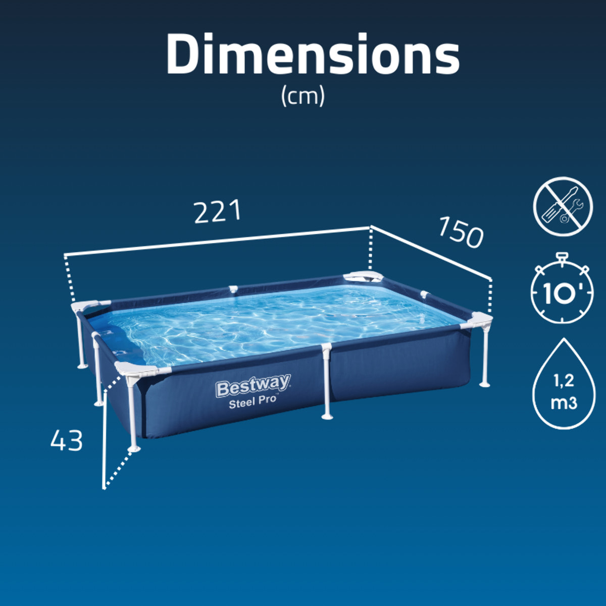 Bestway Piscine hors sol tubulaire rectangulaire Bestway Steel Pro 221 x 150 x 43 cm bleu