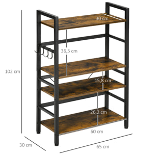 Estantería de Cocina de 4 Niveles Estante de Cocina con 4 Estantes Ganchos y Sistema Antivuelco Estantería para Microondas 65x30x102 cm Marrón Rústico y Negro