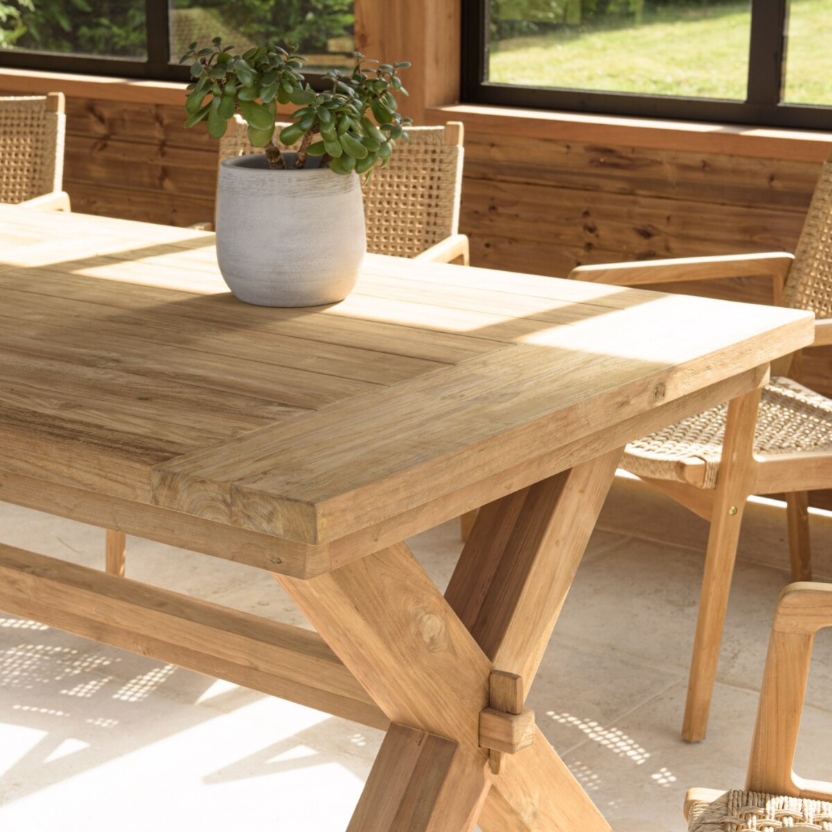 KALLY - Table à manger de jardin 320cm bois teck recyclé pieds croisés