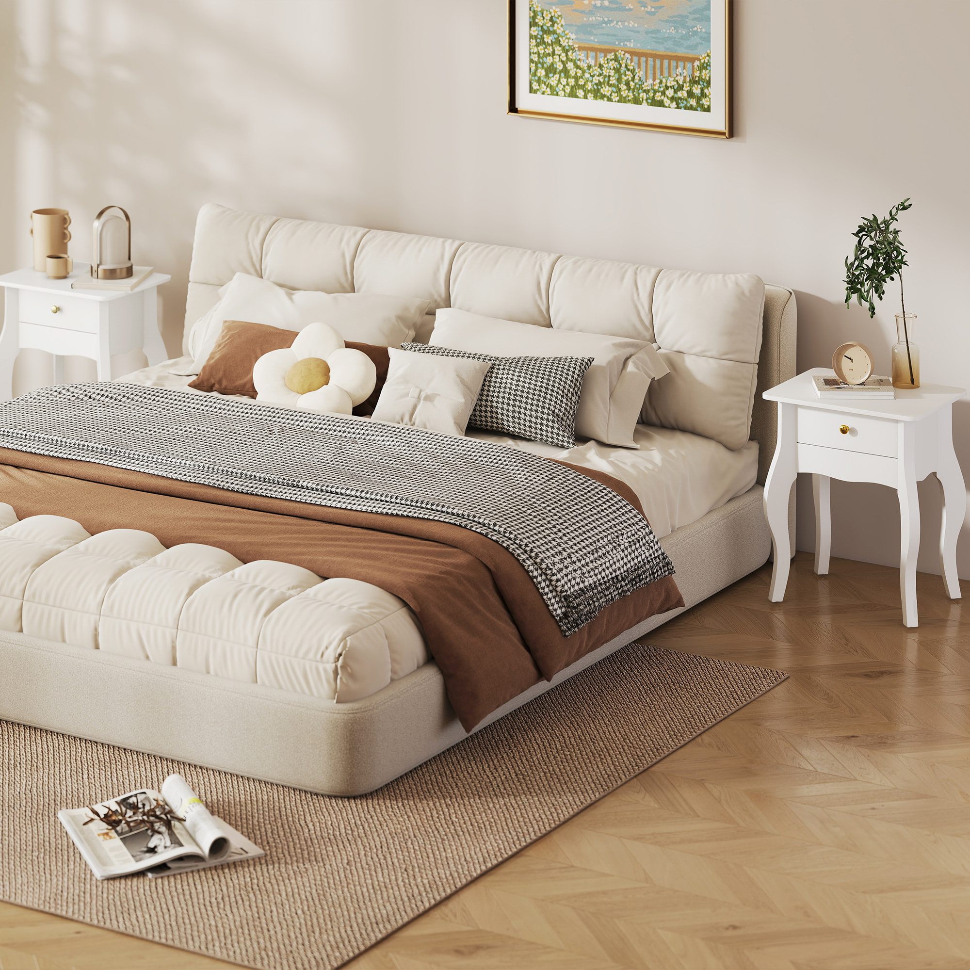 Lot de 2 tables d'appoint, bout de canapé avec pieds courbés, tiroir et plateau spacieux, table basse pour salon, chambre, 45 x 35 x 55 cm, blanc