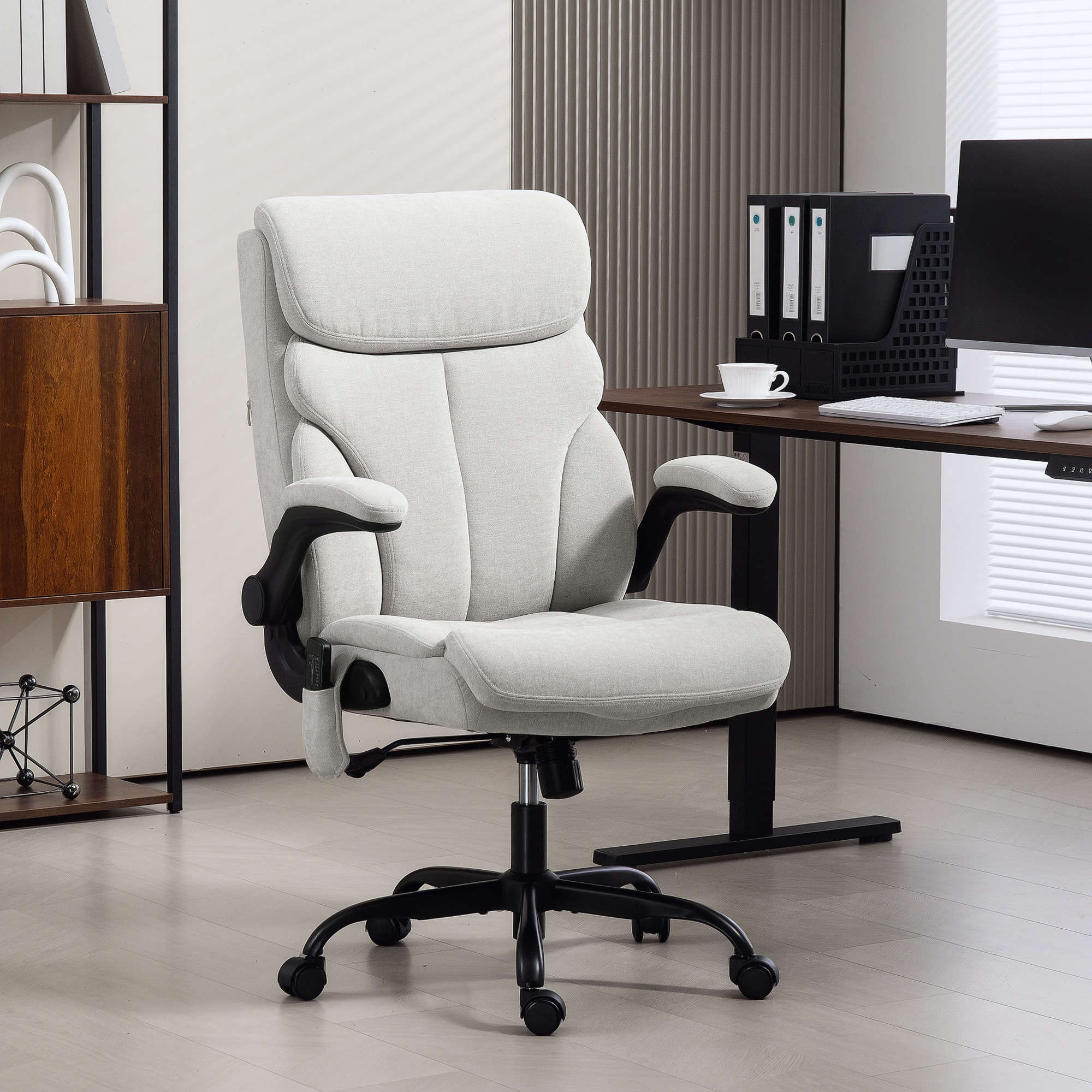 Silla de Oficina con Masaje y Función de Calefacción Silla de Escritorio Giratoria con Altura Ajustable Reposabrazos Abatibles Respaldo Alto y Mando a Distancia Gris